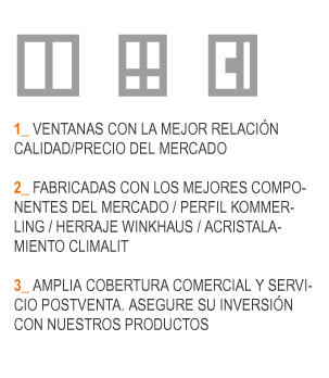 Ventanas con excelente relación calidad / precio, fabricadas con perfiles Kommerling, herrajes Winkhaus y acristalamientos Climalit, con amplia cobertura comercial y servicio post-venta